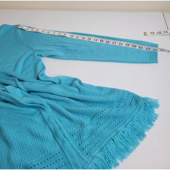 Talbots Light Blue Open Front Knit Fringe Cardigan Sweater Women's Size Large - Picture 5 of 9